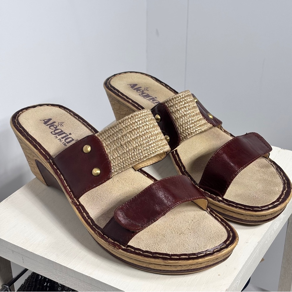 Alegria Womens Lana Classy Wedge Slide Sandal Brown Leather EU 41 US 10.5-11